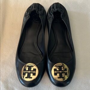 Tory Burch Black Flats with Gold Emblem